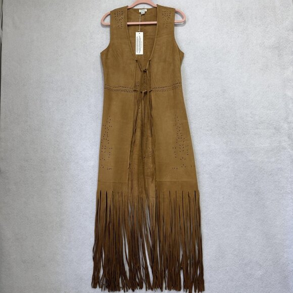 Sundance Suede Fringe Vest Womens Medium Large Tan Duster Boho Western Long NWT - Picture 1 of 6